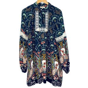 Womens Entro Boho Dress Long Sleeve Lined Floral Crochet Fairy Cottagecore Large